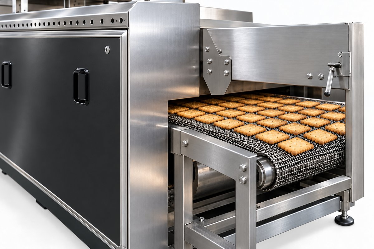 Golden baked biscuits emerging on the diesel tunnel oven's wire-mesh baking band