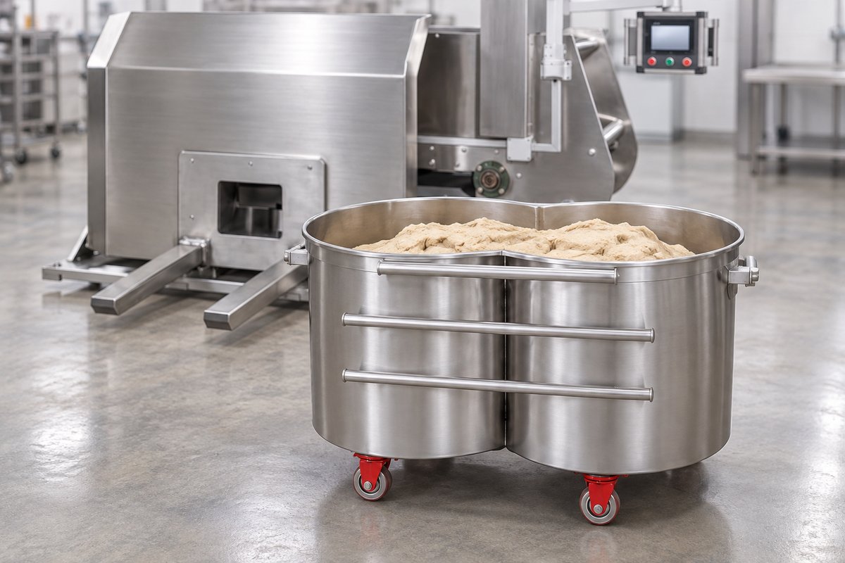 Prepared dough in the wheeled mixing bowl beside the dough transfer equipment