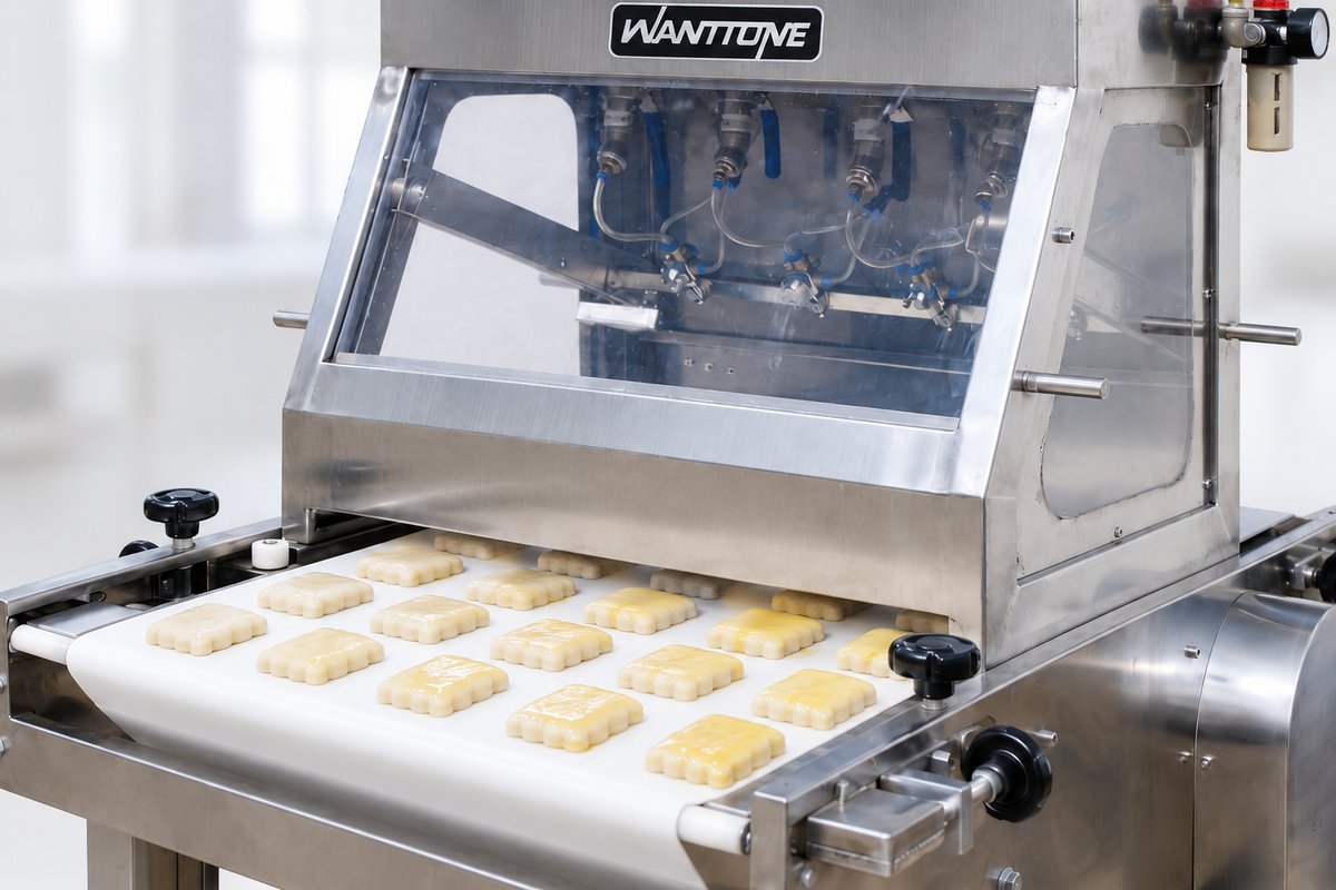Raw biscuit pieces receiving a thin egg-wash coating on the existing conveyor
