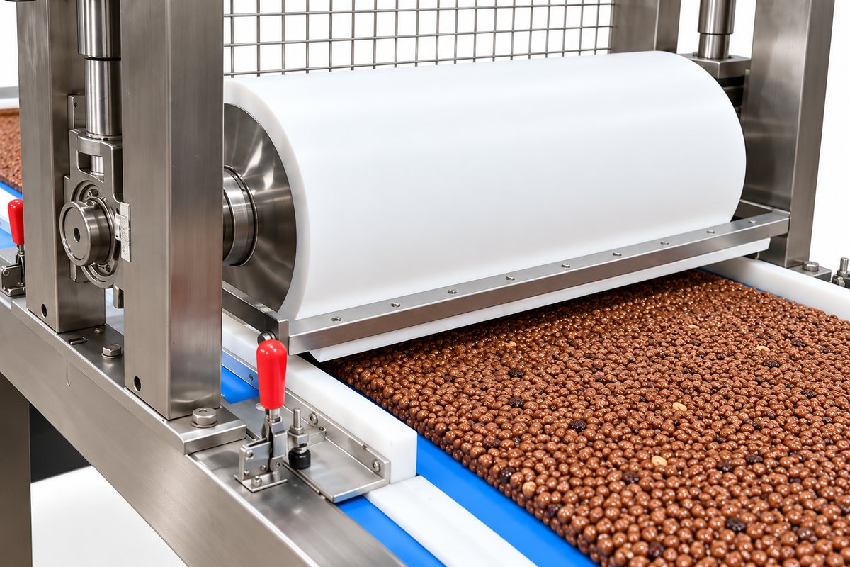 Cereal and syrup slab passing beneath the compression roller on the energy bar line