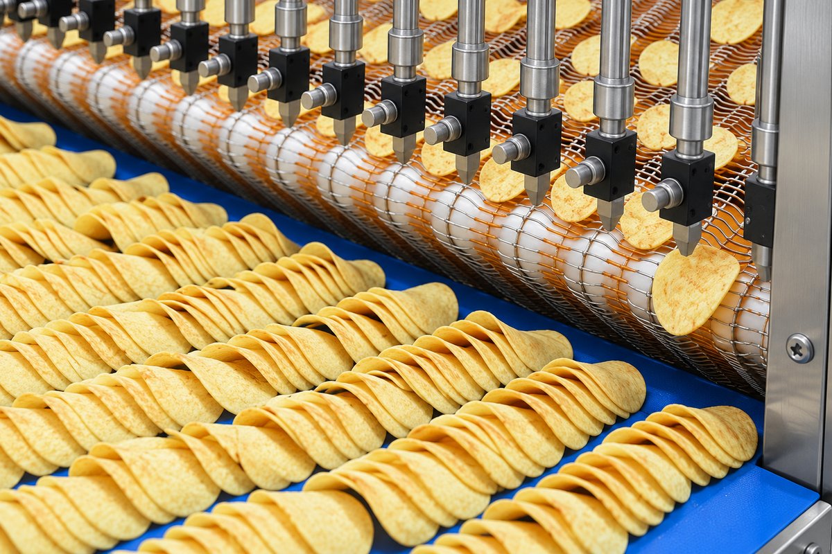 Golden curved fried chips transferring from the wire conveyor to a blue food-grade belt