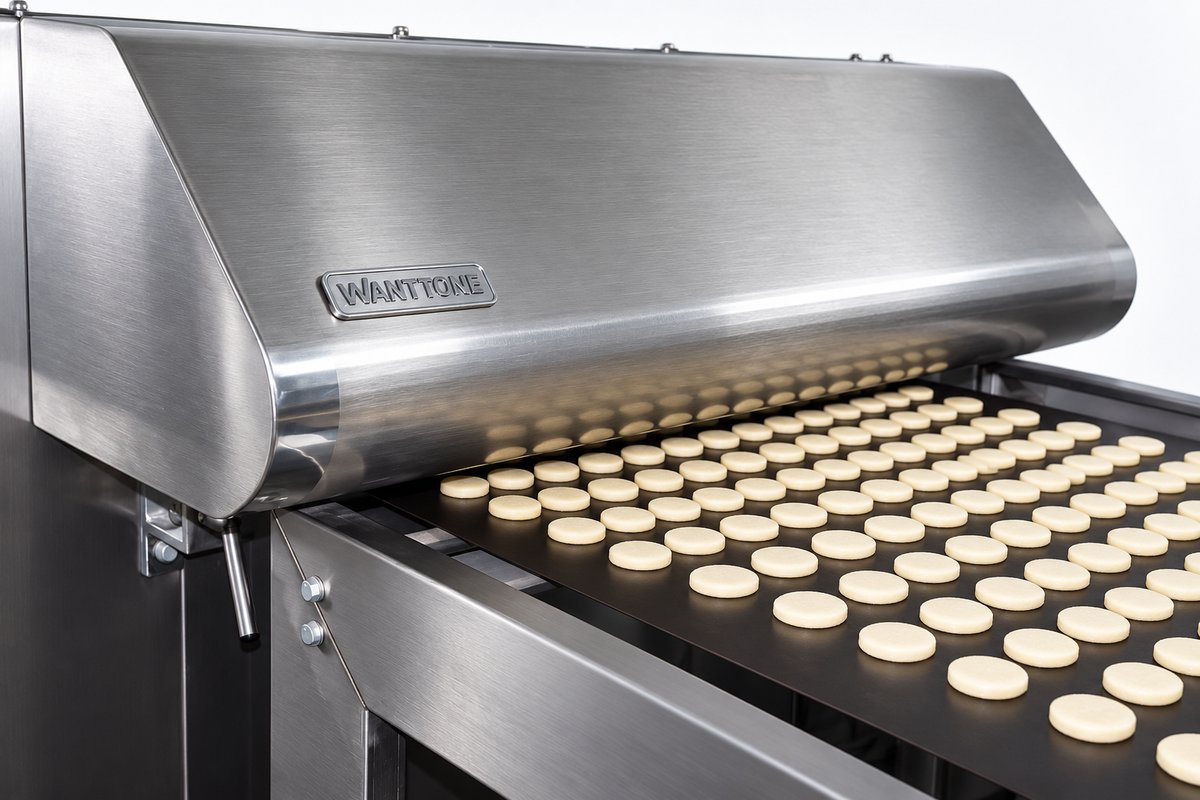 Rows of raw cookie dough discs entering a tunnel oven on a steel baking band