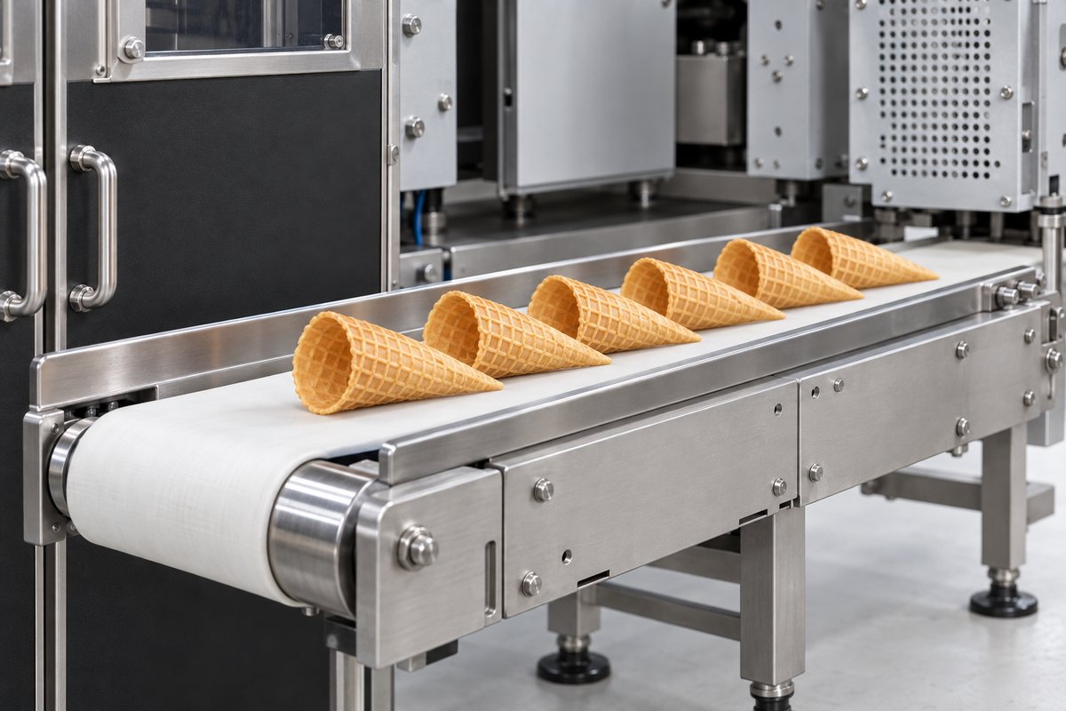 Freshly formed golden wafer cones resting on the cone machine's outfeed conveyor