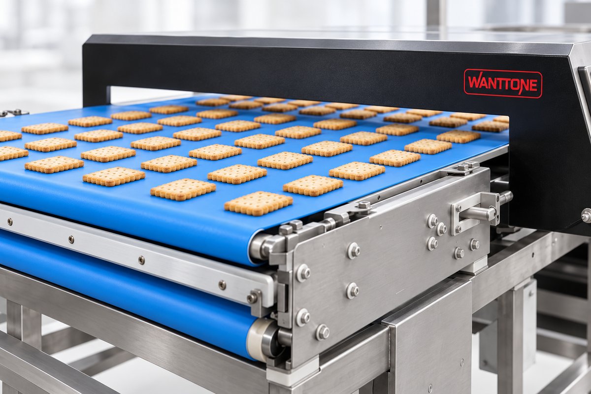 Baked biscuits travelling on the original blue conveyor through the metal-detector aperture