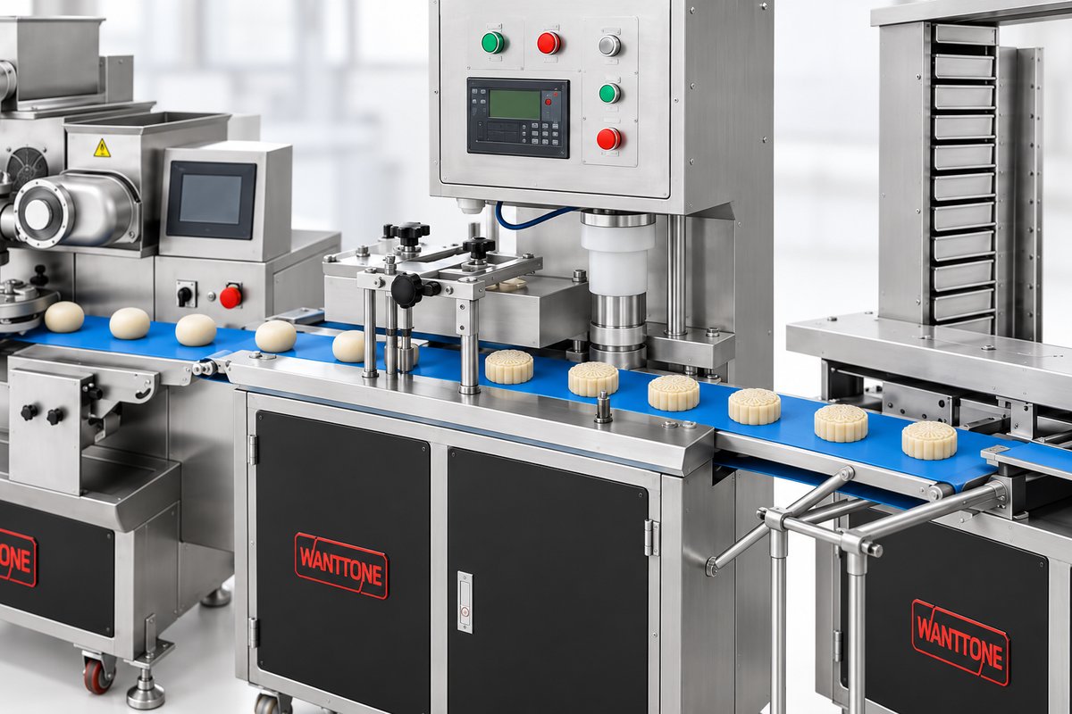 Pale mooncake dough portions and stamped mooncakes on the existing forming-line conveyor