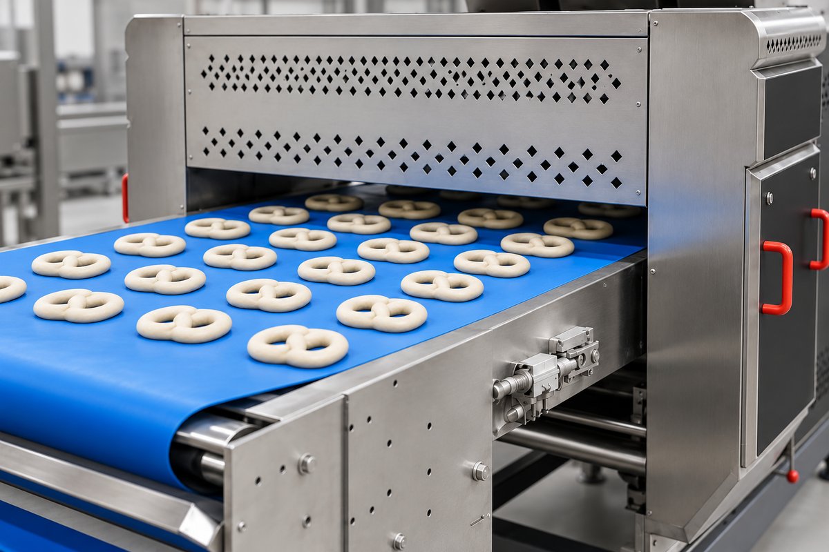 Unbaked formed pretzel dough pieces transferring along the production line's blue conveyor