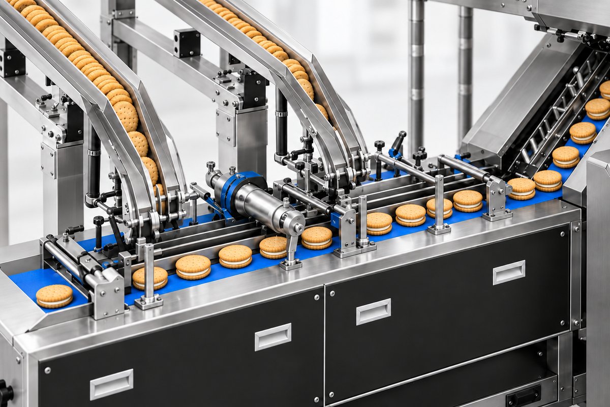 Biscuit bases and cream-filled sandwich biscuits passing through the original sandwiching conveyor