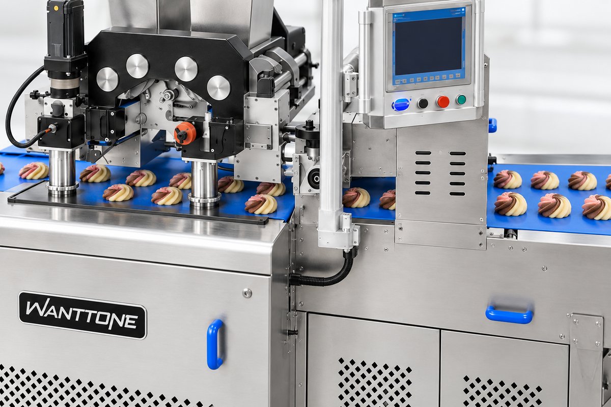 Raw multicolour cookie dough portions on the machine's original blue outlet belt