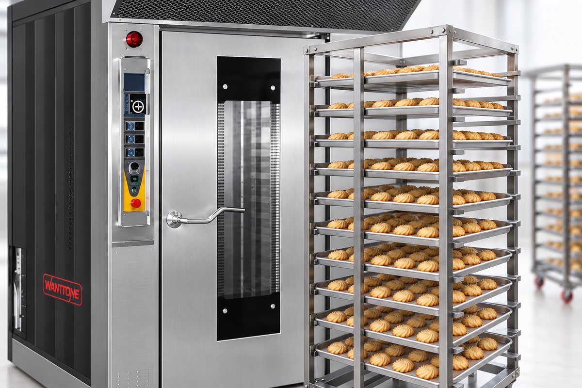 Baked cookies on trays in the existing rotary-oven rack