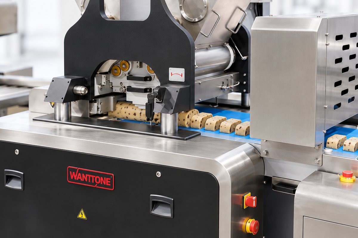 Fresh cookie dough pieces with nut inclusions on the original outlet conveyor