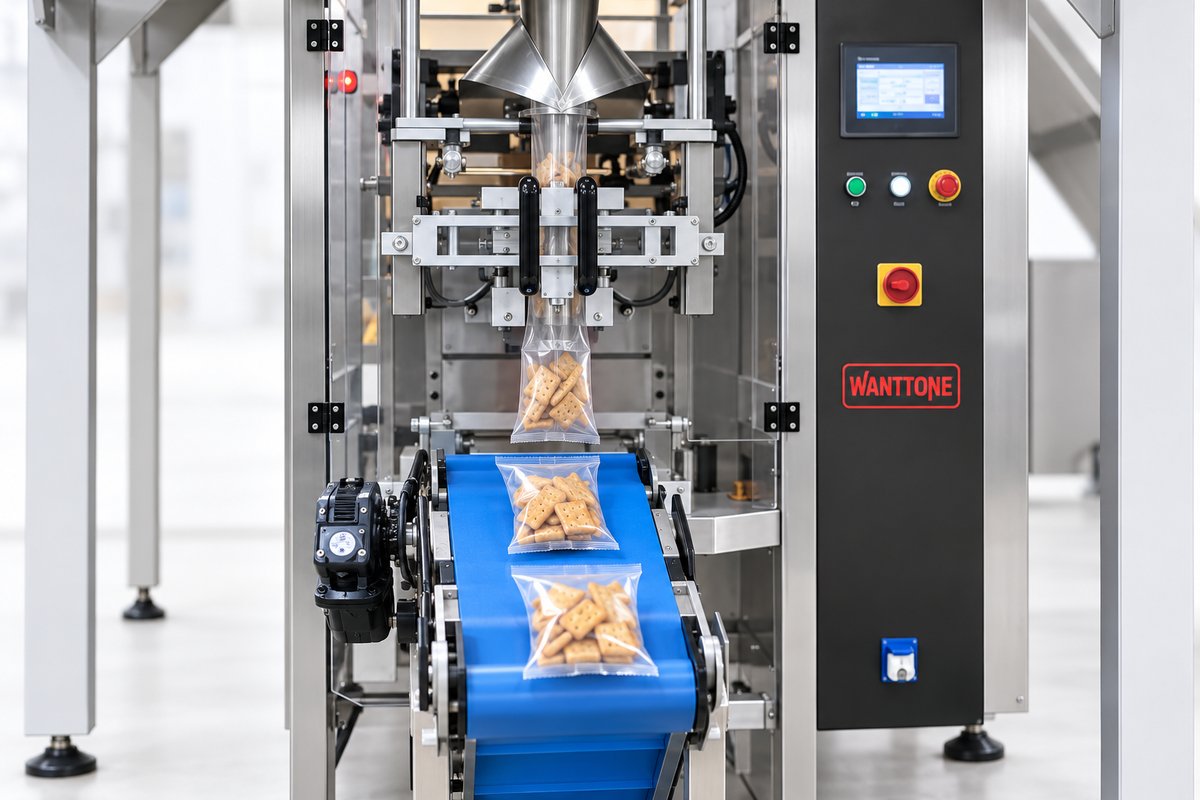 Sealed biscuit snack pouches on the original VFFS outlet conveyor