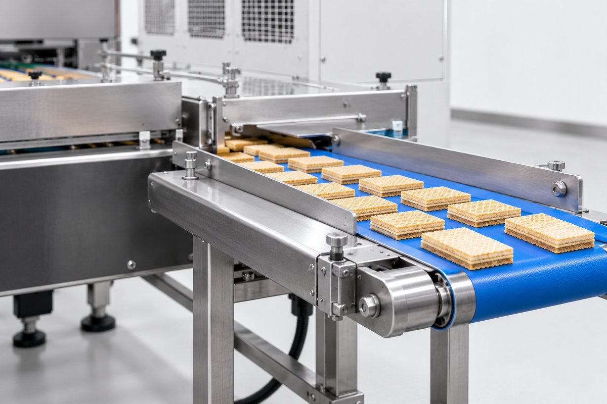 Small layered wafer biscuits on the existing wafer line's outfeed conveyor