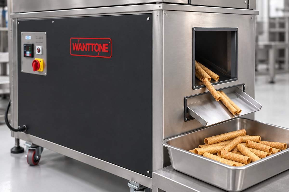 Golden hollow wafer sticks emerging from the existing egg roll line's product outlet