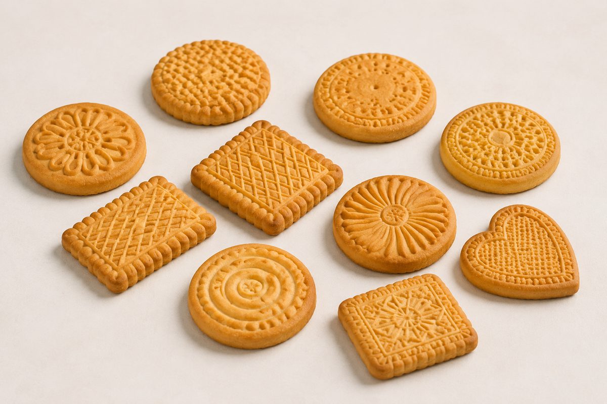 Rotary-moulded biscuits showing repeatable product shape and surface detail