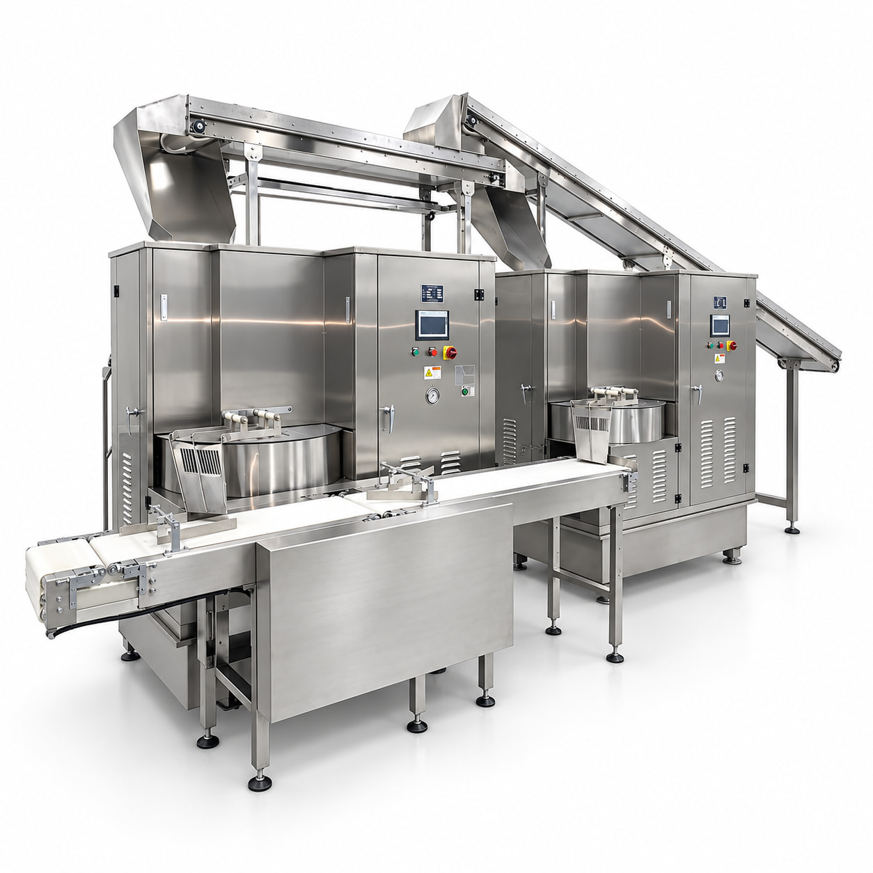 White-background studio reference illustration of two biscuit compression presses and their conveyors