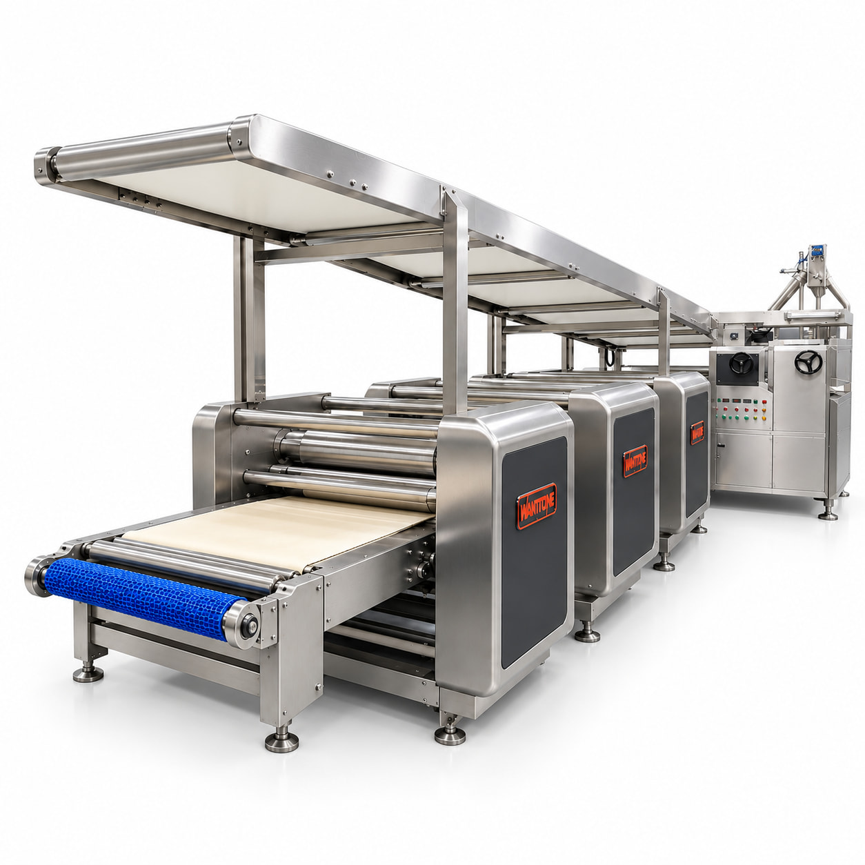 White-background studio reference illustration of biscuit sheet-forming rollers and return conveyor