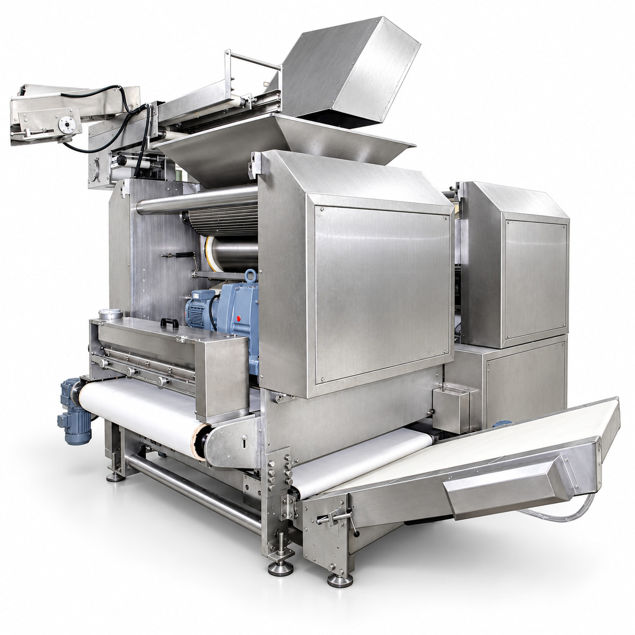 White-background studio reference illustration of the dough laminating assembly and feed conveyors