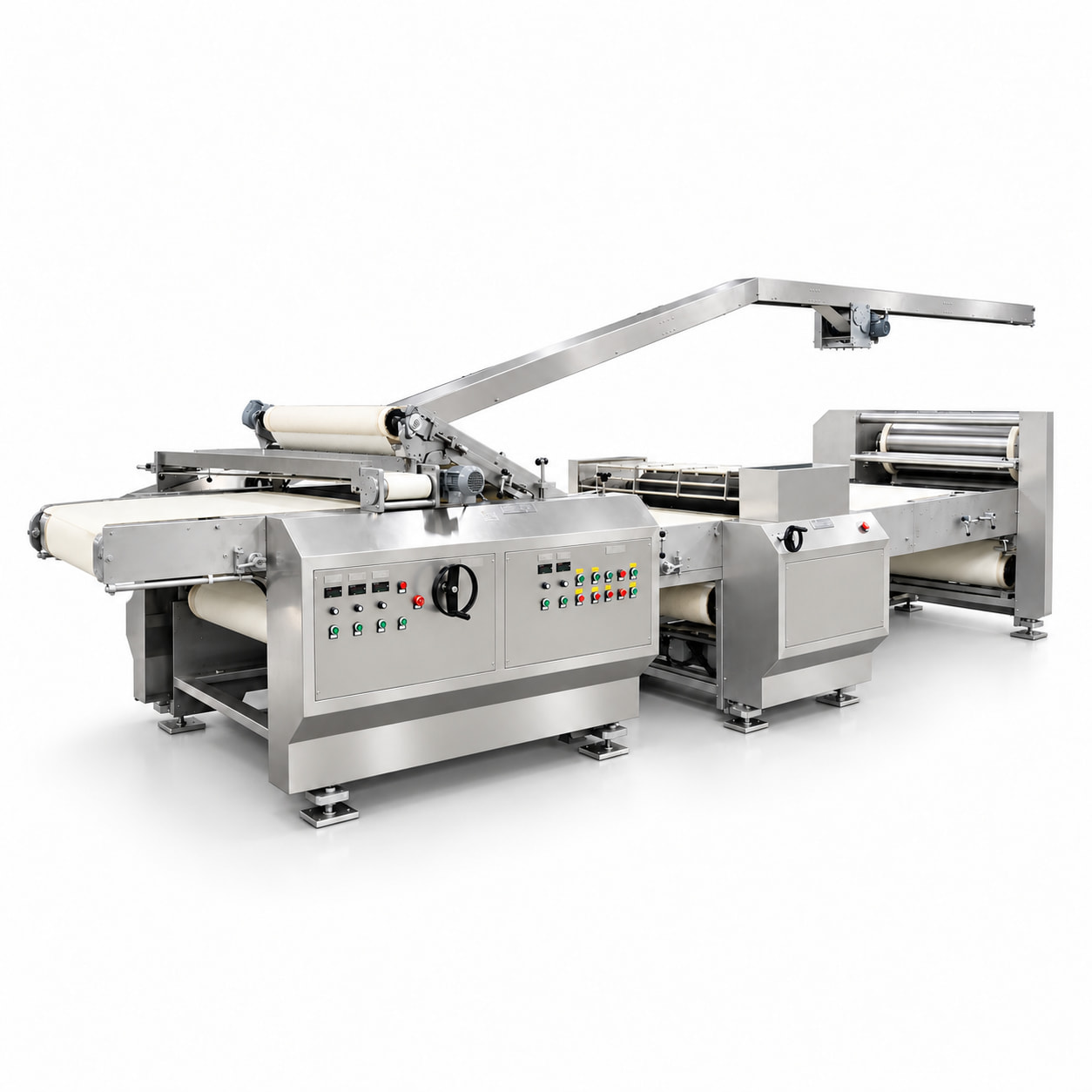 White-background studio reference illustration of the biscuit rotary cutting assembly and scrap-return conveyor