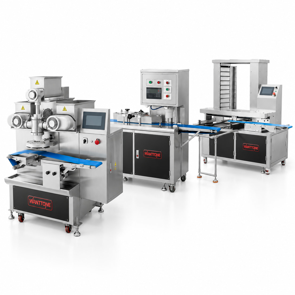 Mooncake encrusting, stamping and tray arranging equipment