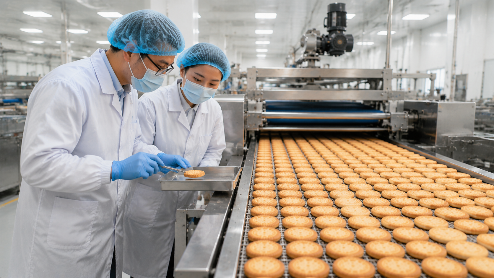 Wanttone engineers inspecting biscuits under hygienic production conditions